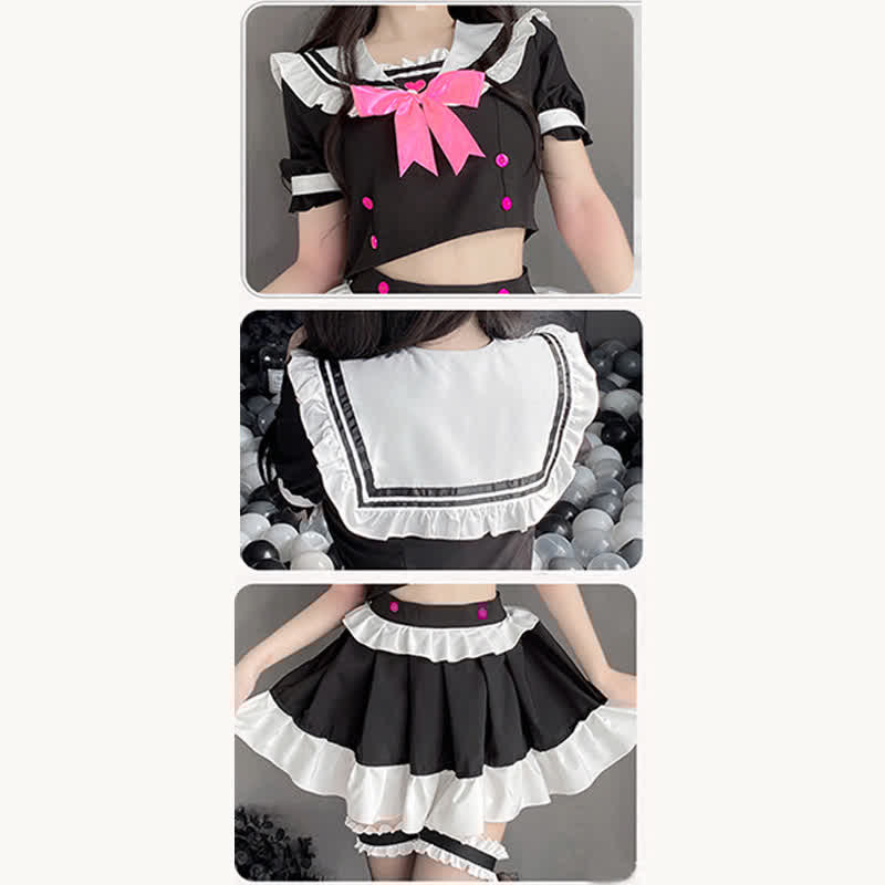 Cosplay Maid Bowknot Love Heart Lingerie Stockings Set