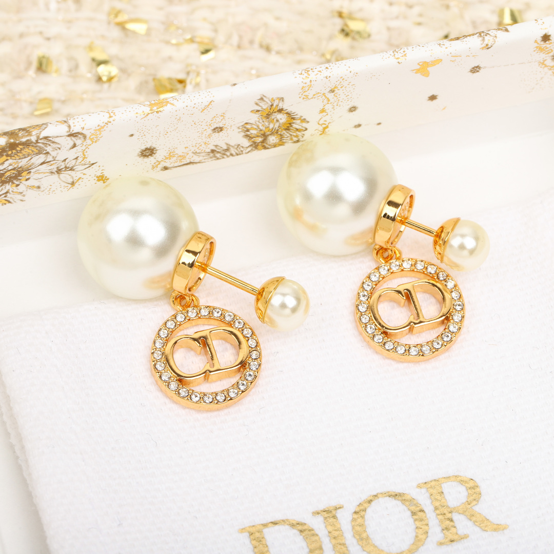 Dior Round Crystal CD Double Ball Pearl Earrings
