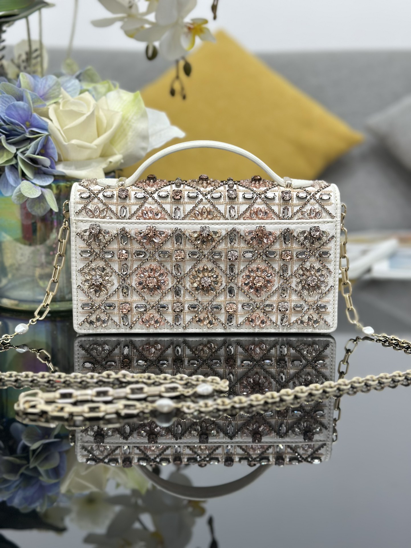 Dior Embroidered White and Pink Diamond Chain Bag M0997