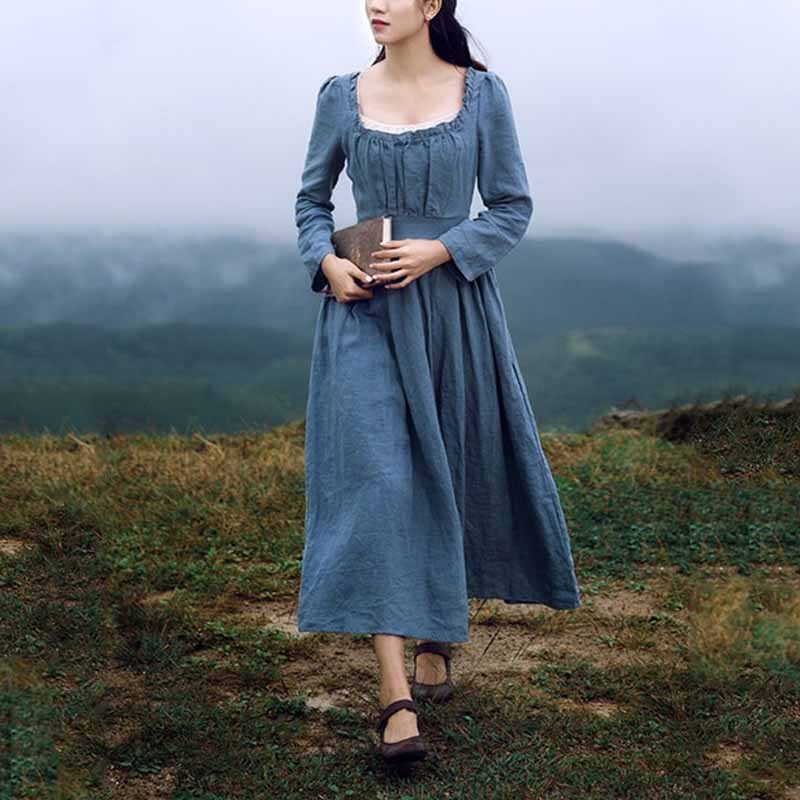 Vintage Ruffle Trim Pleated Maxi Dress