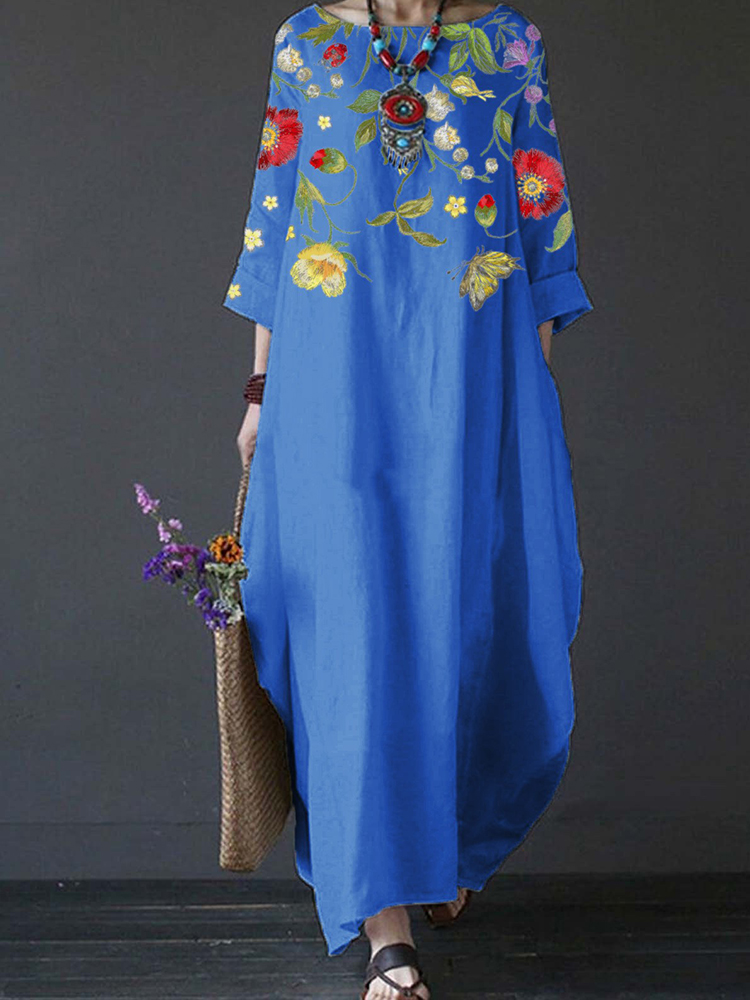 Elegant Retro Flower Art Seventh Sleeve Maxi Dress