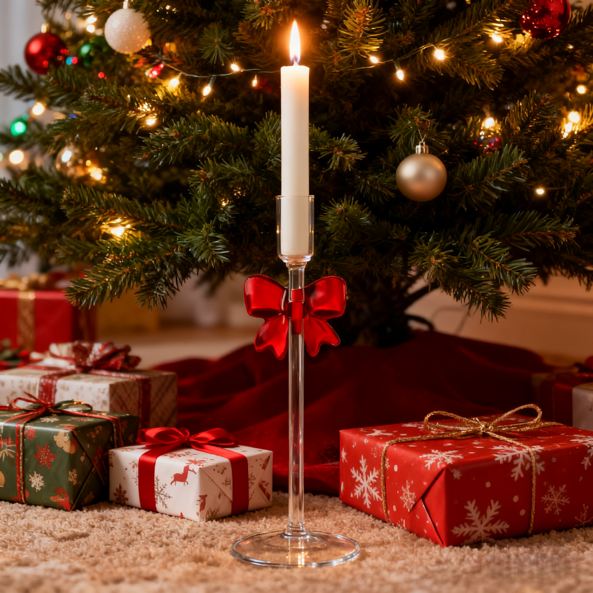 🎄Early Christmas Sale🔥Clear Glass Christmas Taper Candle Holder with Bow