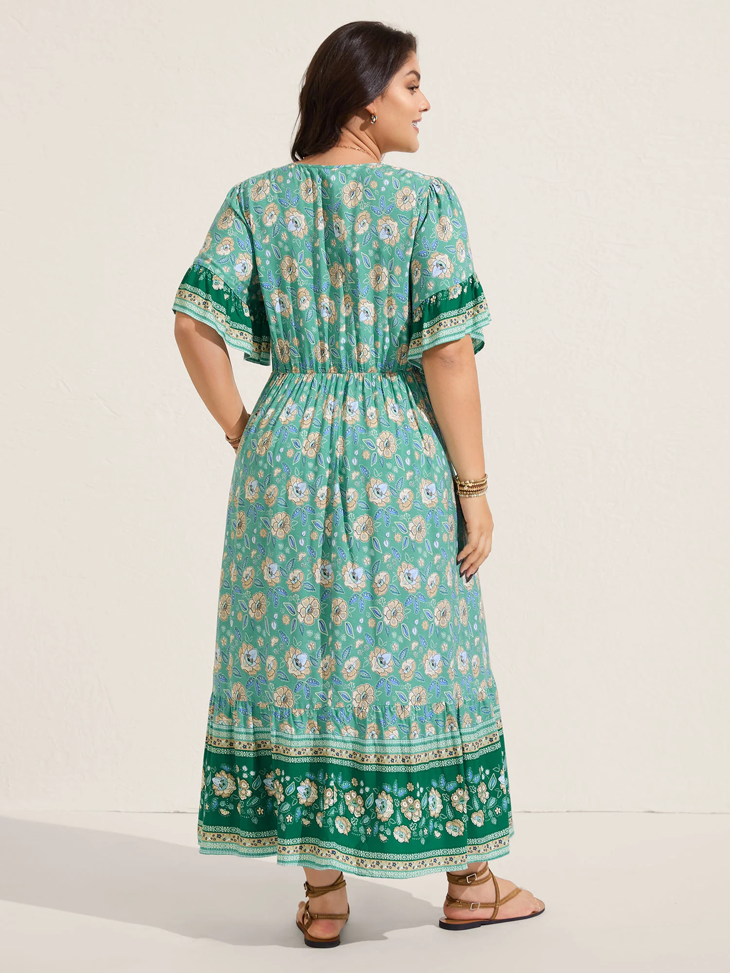 Floral Bell Sleeve Shirred Waist Midi Dress