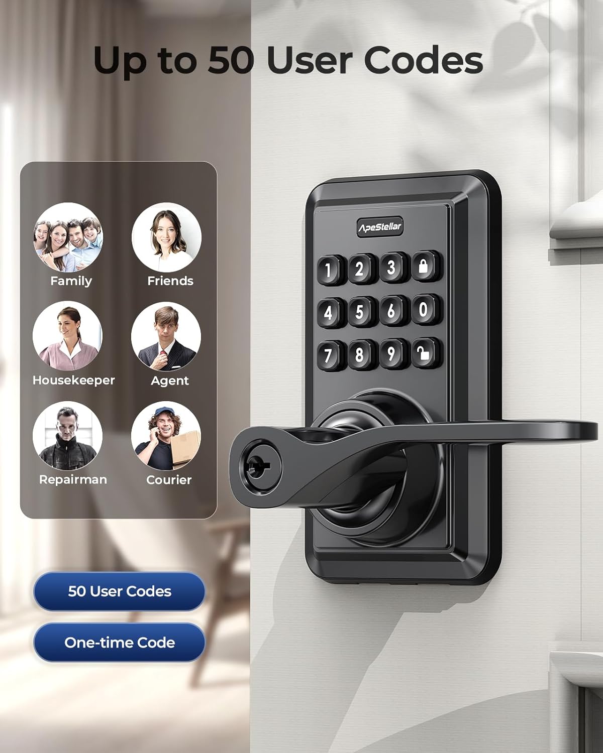Keyless Entry Door Lock, Keypad Door Lock with Handle, Electronic Lever Door Lock with Code, Auto Lock, Passage Mode, Easy Installation, Matte Black - Apestellar