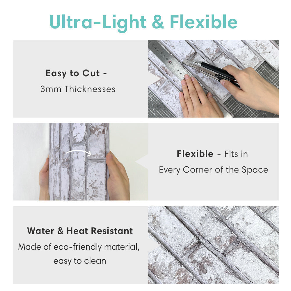 3D Rustic Whitewash Brick Peel and Stick Wall Tile