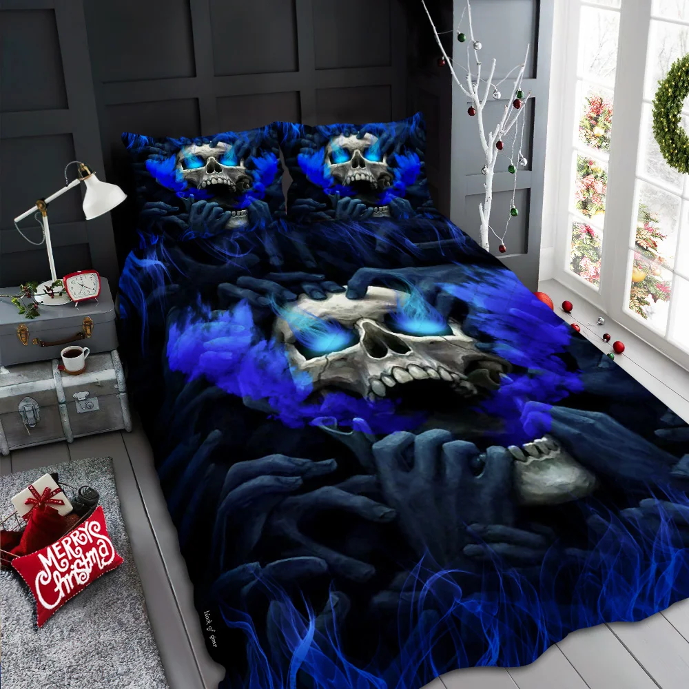 Blue Eyes Screaming Skull Quilt Bed Set