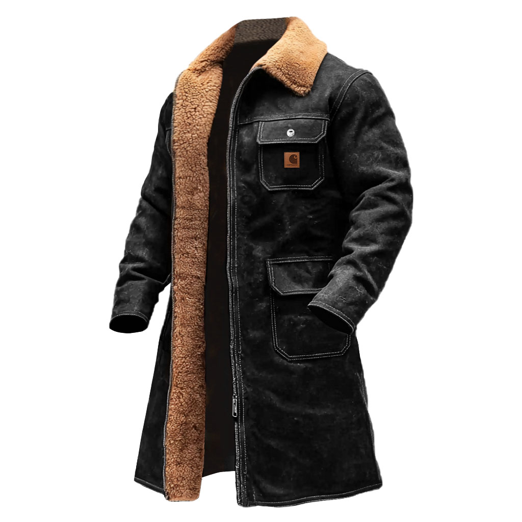 Men's Vintage Black Suede Multi-Pocket Mid-Length Lapel Jacket Shearling Coat