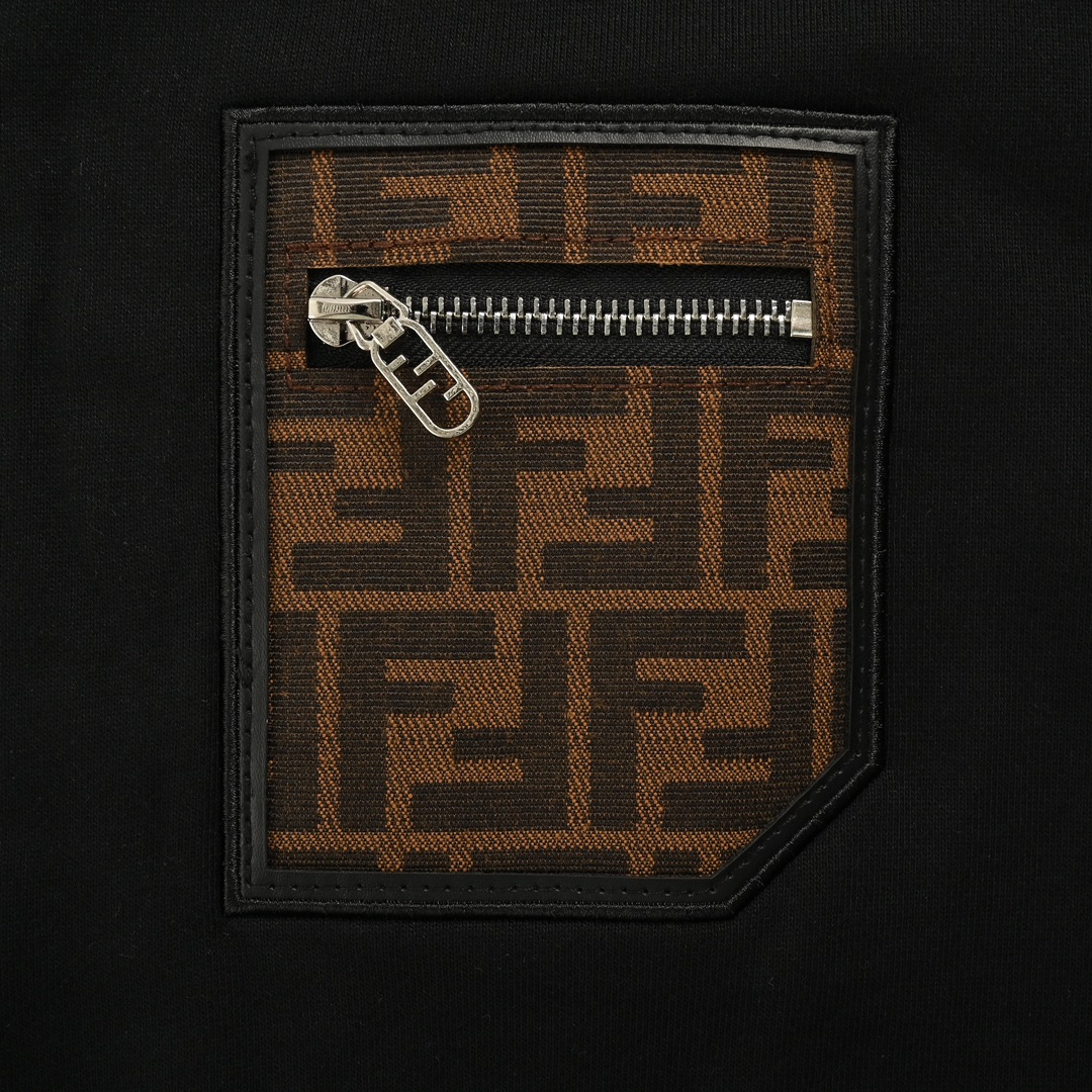 Fendi 24Fw FF leather trim zip pocket crew neck sweatshirt