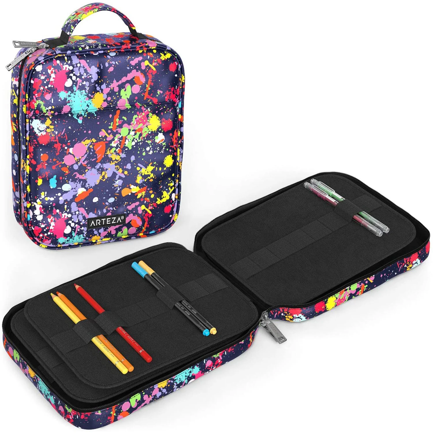 ARTEZA Pencil Case Organizer, 64 Elastic Slots, Holds Up to 205 Pencils, Paint Splatter Pattern