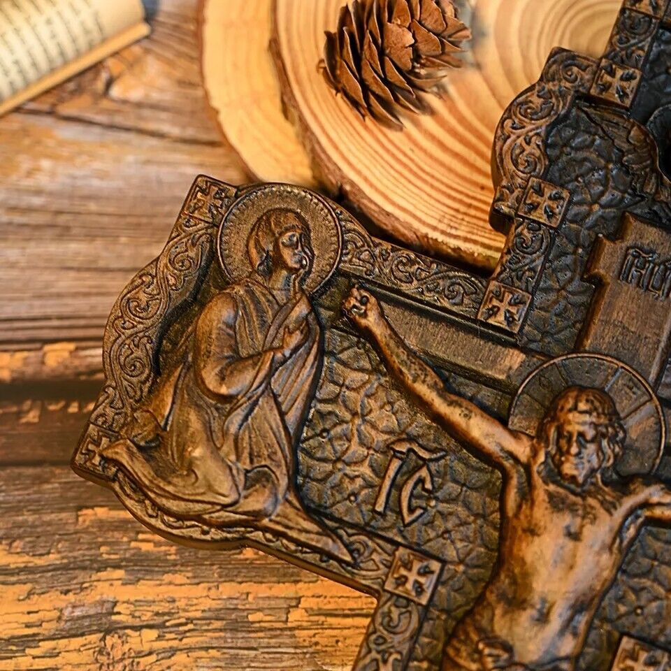 Wooden Orthodox religious Carved Crucifix - Carved from natural wood