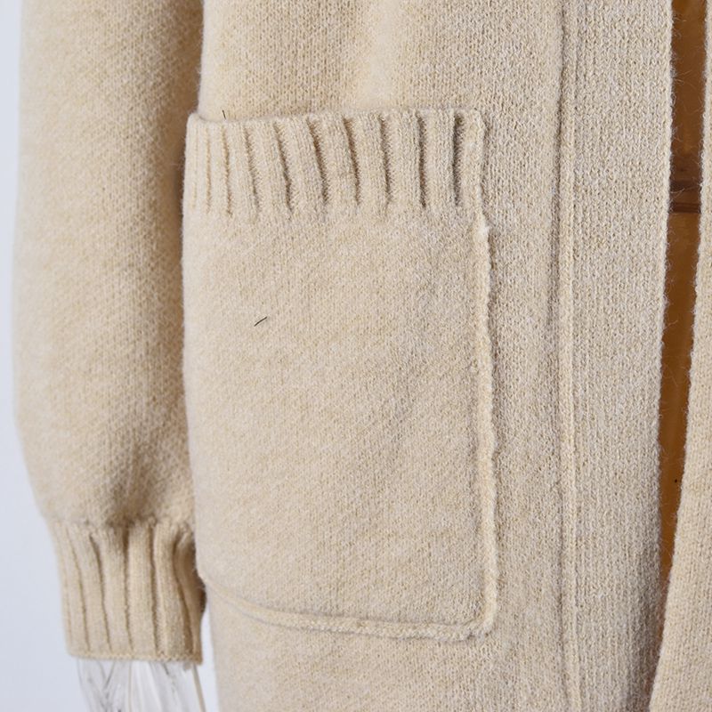 Solid Color Knitted Mid-length Sweater Coat with Pockets