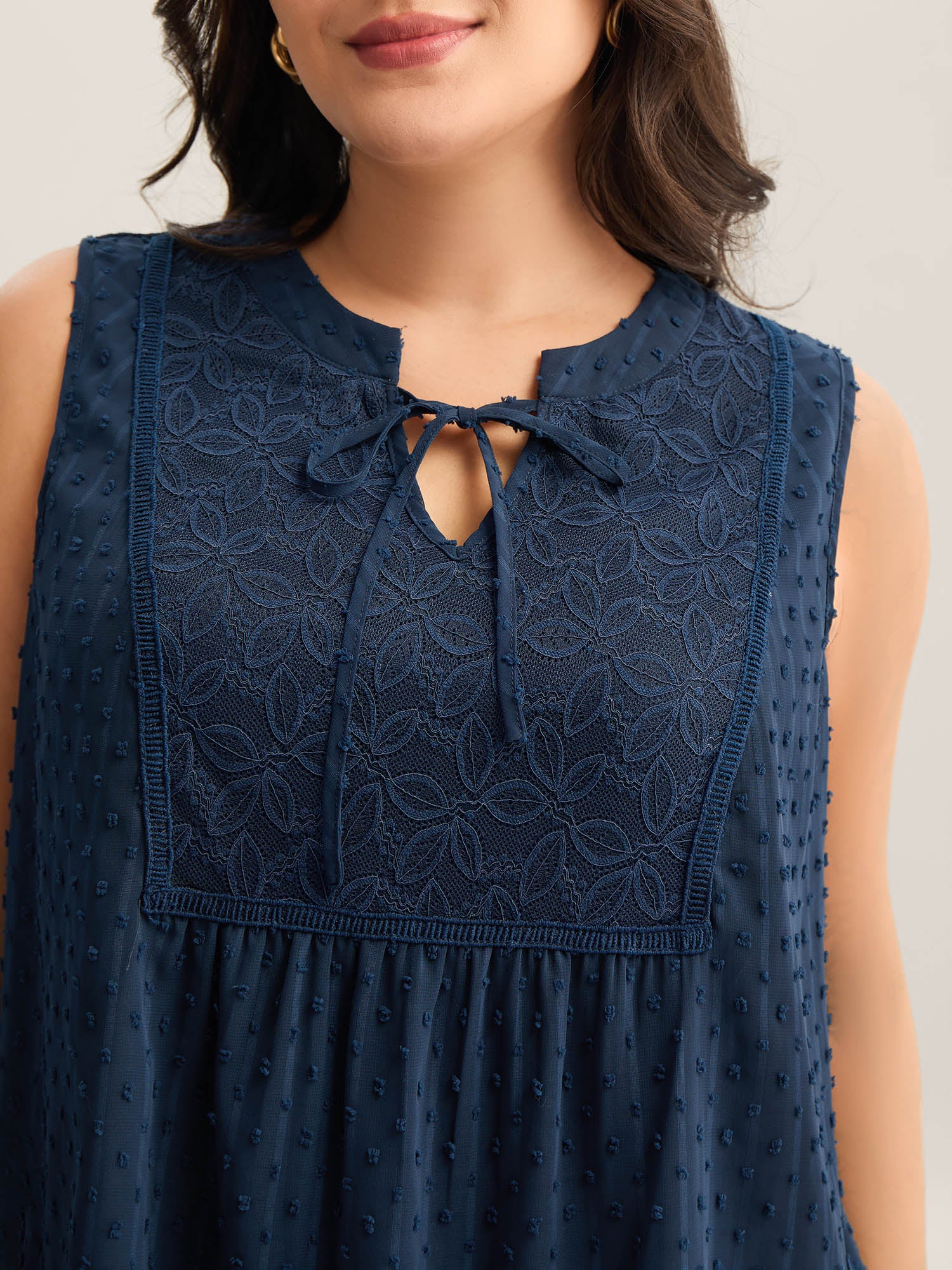 Textured Lace Detail Neck Tie Sleeveless Top