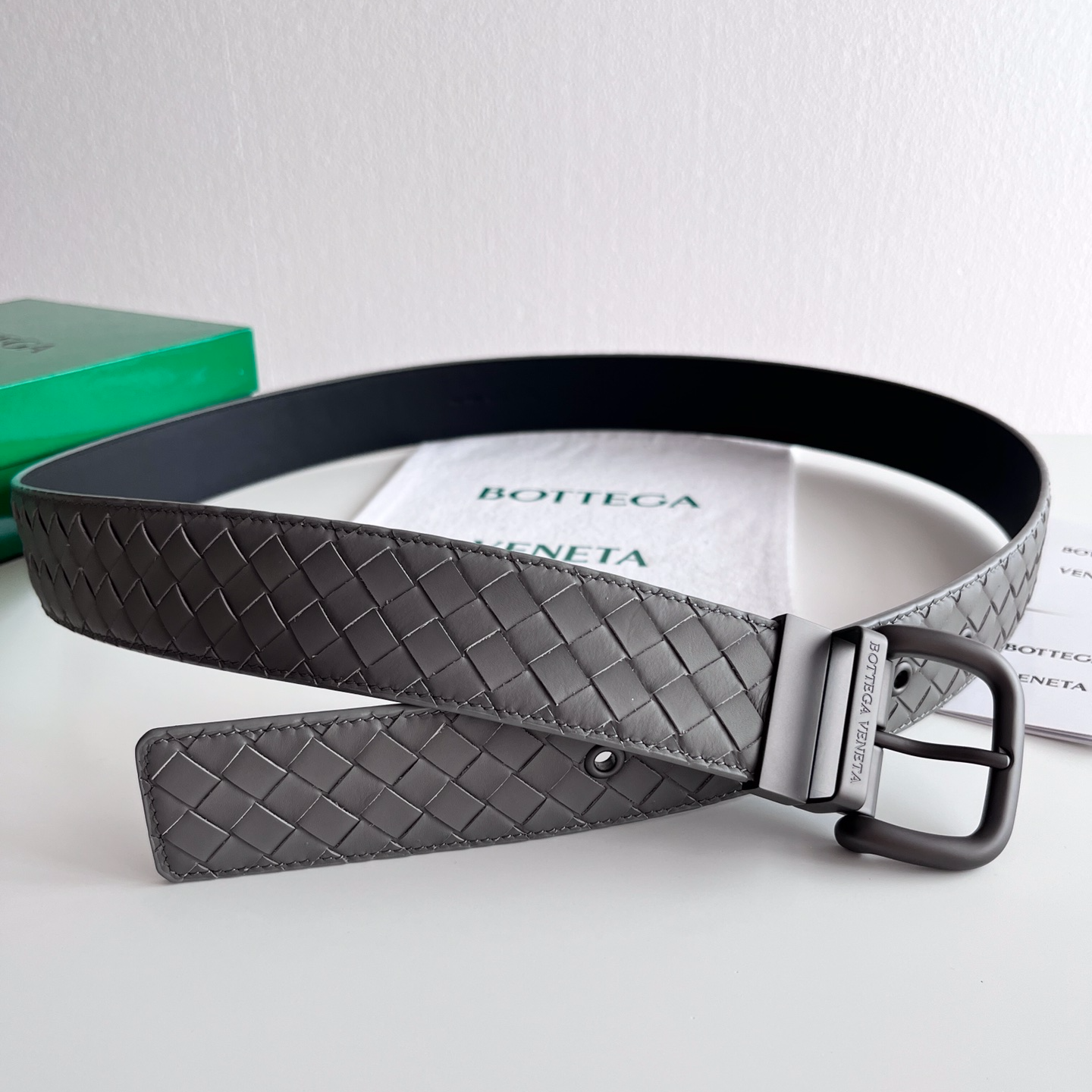 Bottega Veneta frosted pin buckle woven cowhide double-sided belt 4.0cm wide