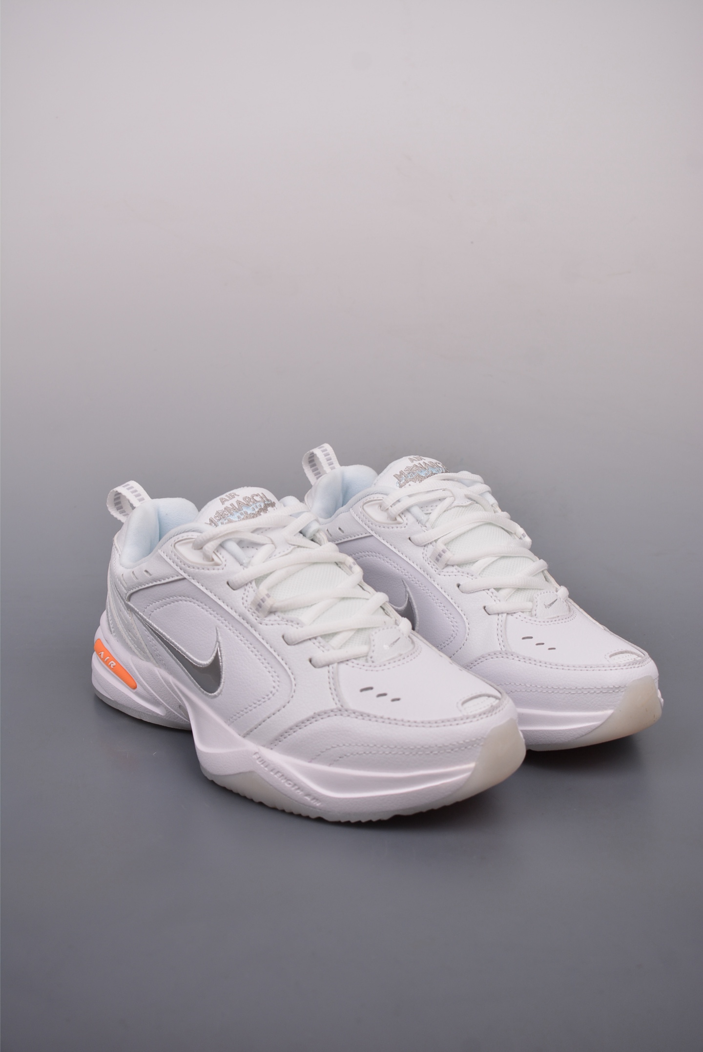 Nike Air Monarch IV Leather White Silver Gray Orange Ice Blue AV6676-100