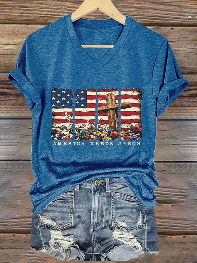 Women's America Needs Jesus Print V-Neck T-Shirt