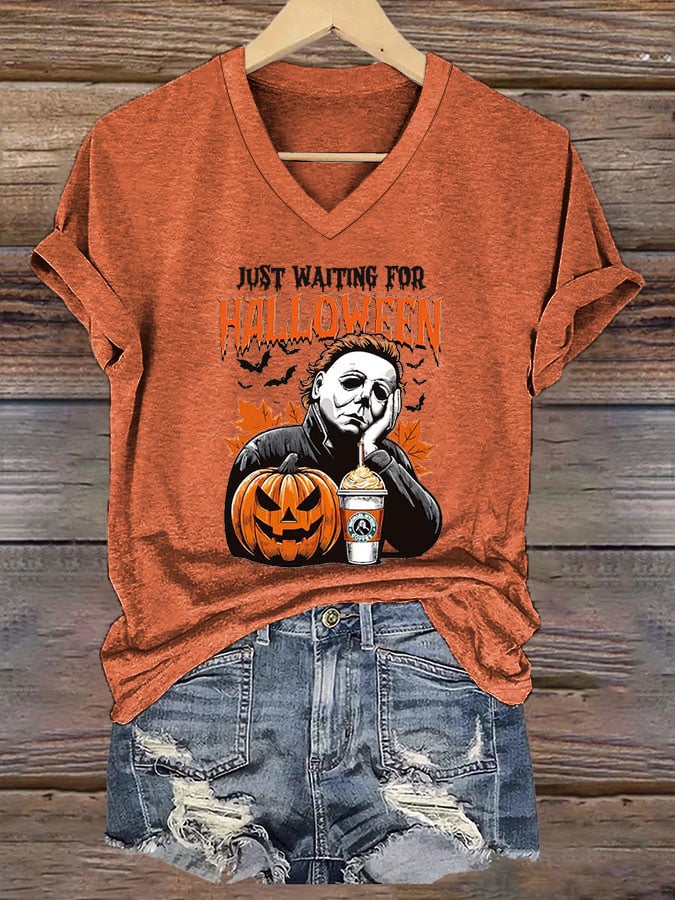 🔥Buy 3 Get 10% Off🔥Women's Just Waiting for Halloween Printed V-Neck Short Sleeve T-Shirt