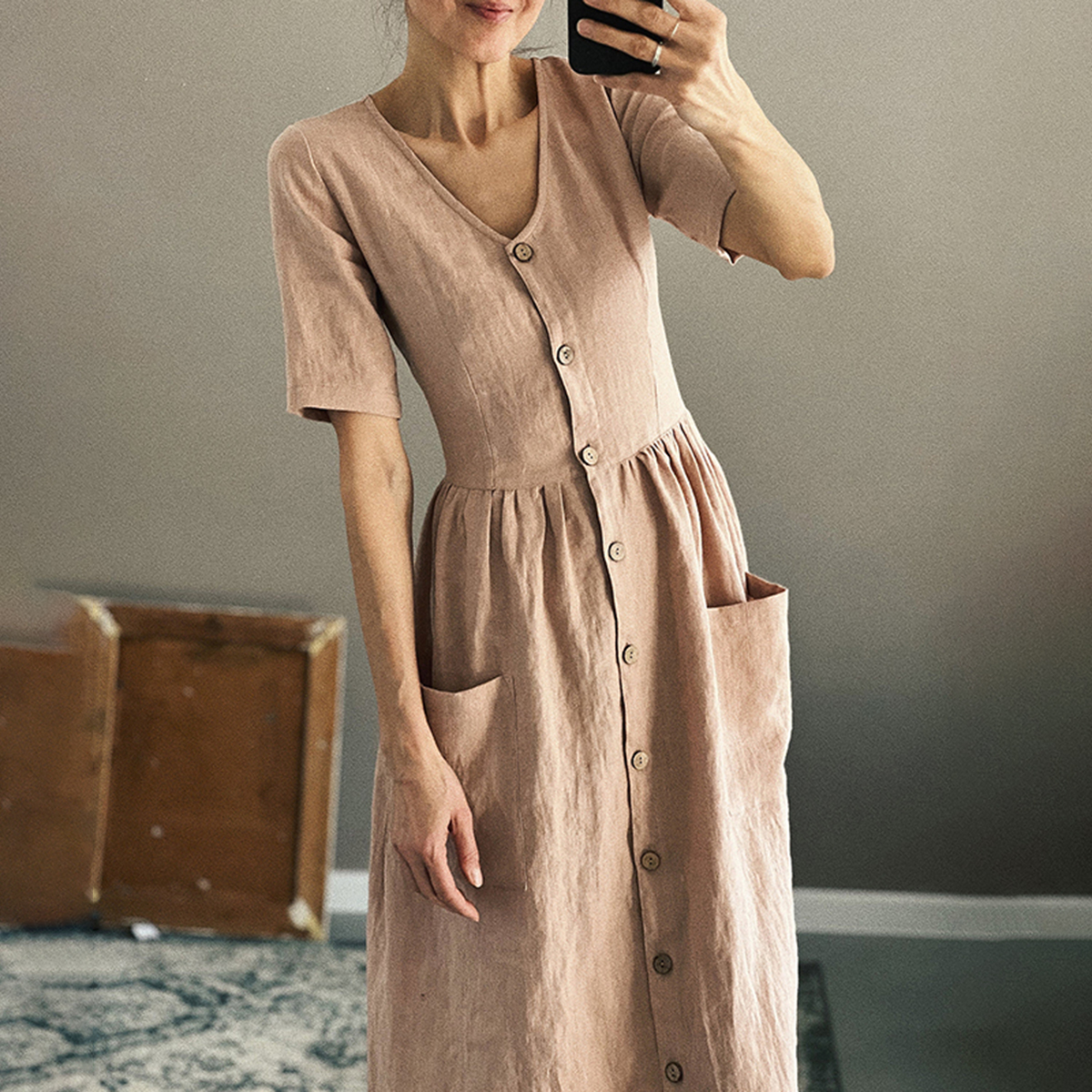 Solid V Neck Button Pocket Midi Dress