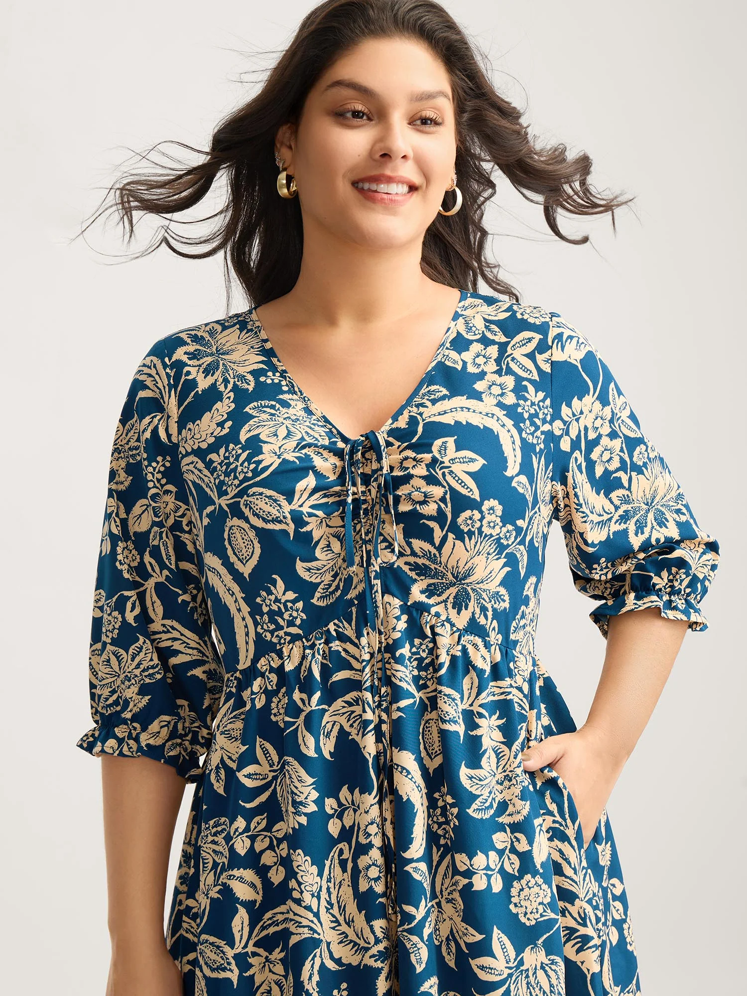 Boho Floral Drawstring Pockets Midi Dress