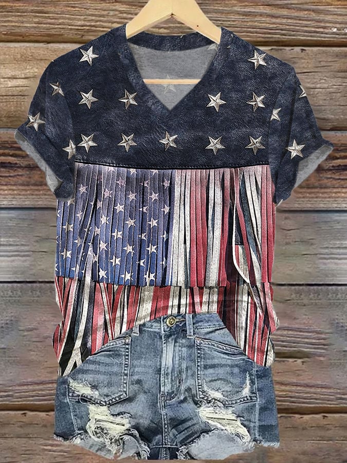 V-Neck Retro Independence Day Flag Color Block Rivets Tassel Print T-Shirt
