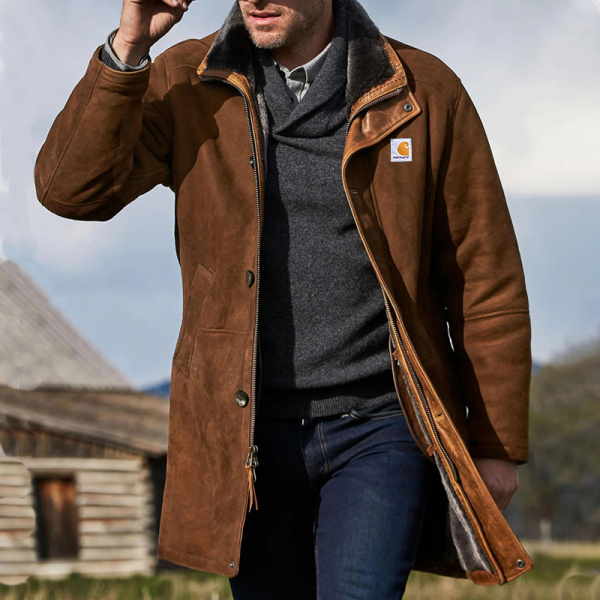 Men's Vintage Western Cowboy Suede Mid-Length Faux Fur Lining Jacket Coat
