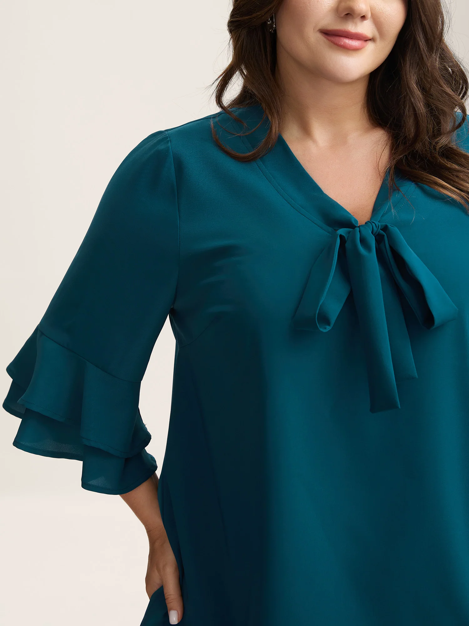 Ribbon Collar Double Lotus Sleeve Blouse