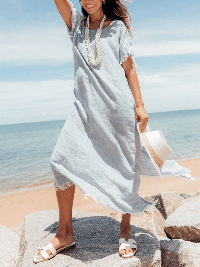 Women's Retro Contrast Tassel Design Round Neck Cotton And Linen Dress