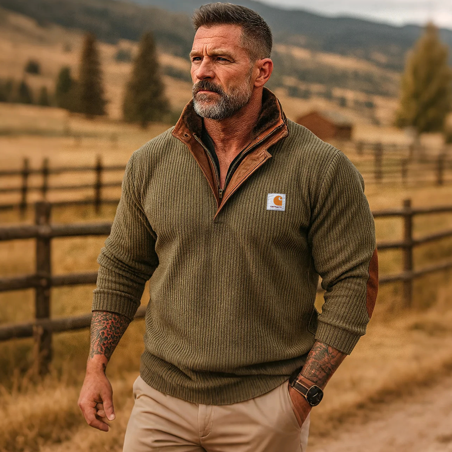 Olive Green Ribbed Half-Zip Sweater with Fleece Collar