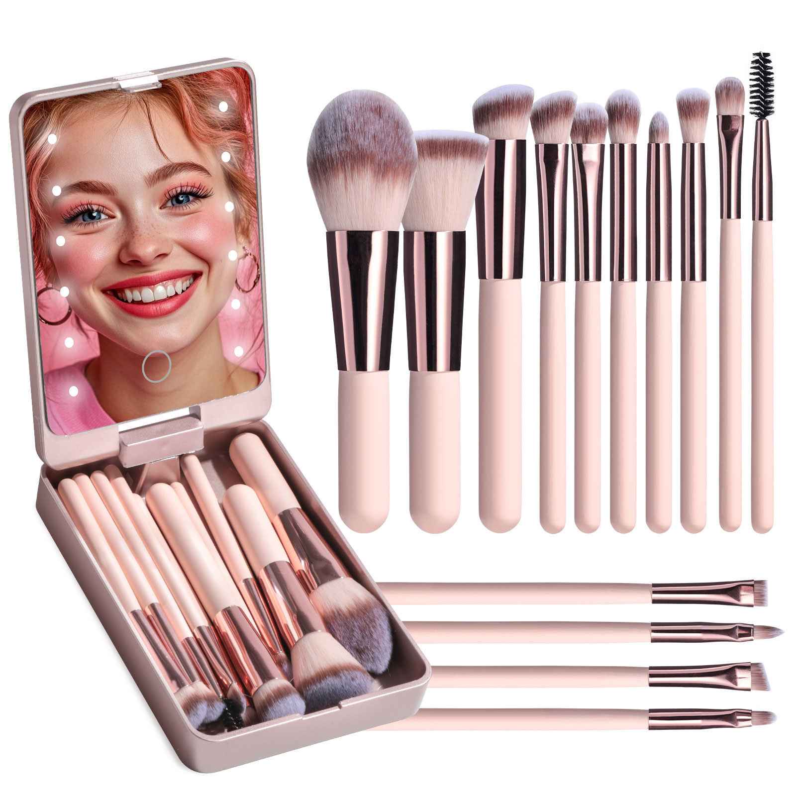 2025 NEW🔥Travel Makeup Brush Set With LED Light Mirror