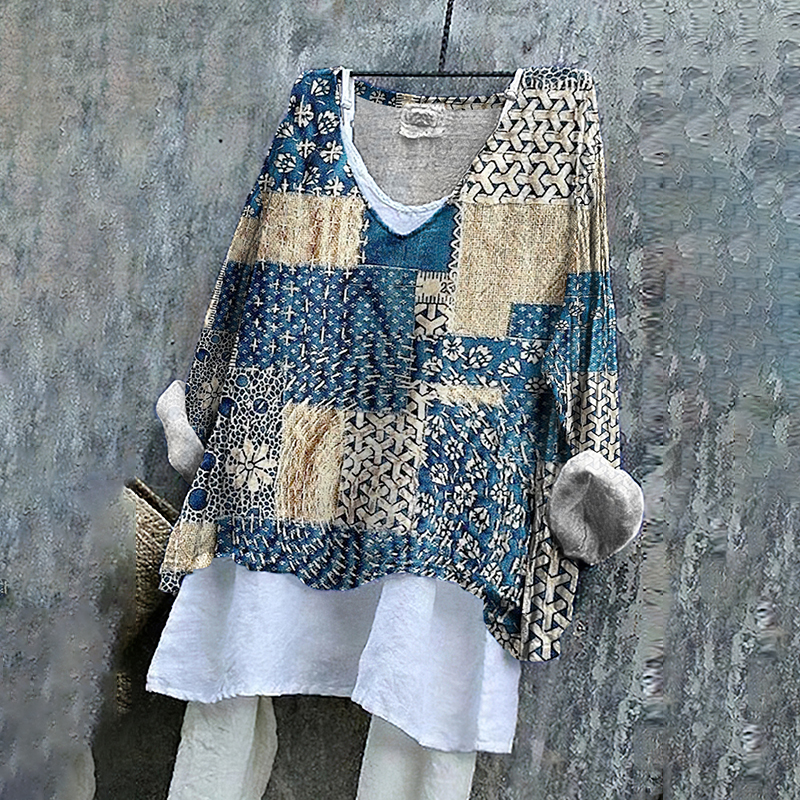Floral Patchwork Japanese Sashiko Art Linen Blend Tunic