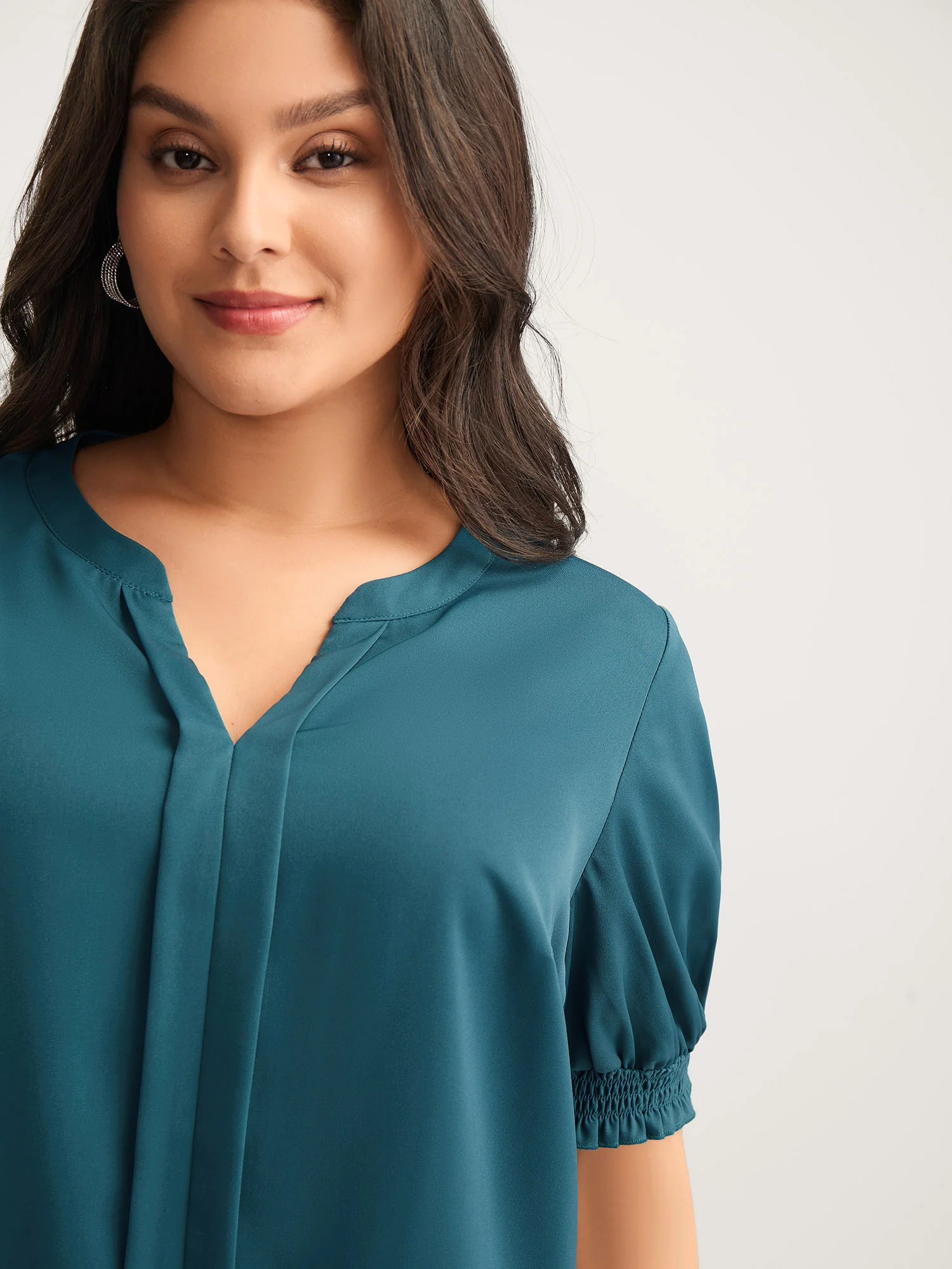 Shirred Puffy Sleeve Solid Blouse