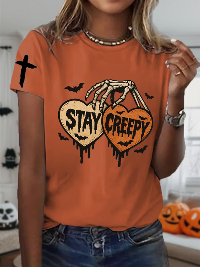 🔥Buy 3 Get 10% Off🔥Women'S Halloween Stay Creepy Print Short Sleeve T-Shirt