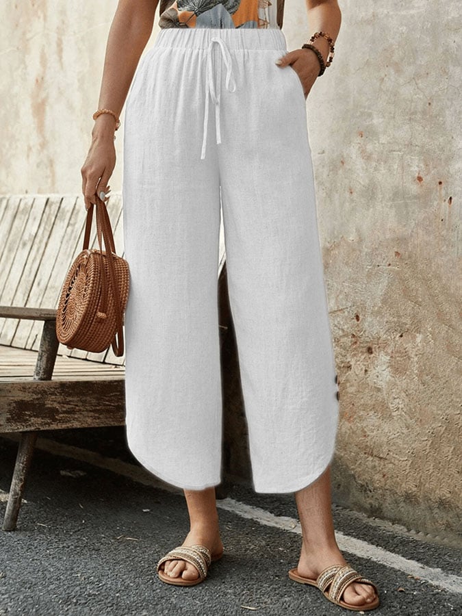 Casual Elegant Cotton And Linen Lace-Up With Pockets Irregular Cropped Pants
