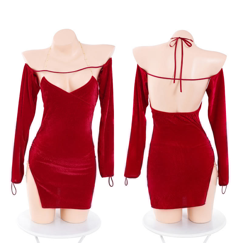 Backless Lace-up Slit Lingerie Dress Set