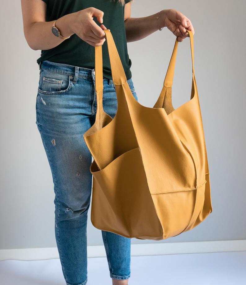 COGNAC LEATHER TOTE bag, Slouchy Tote, Cognac Handbag for Women, Every Day Bag, Women leather bag, Weekender Oversized bag