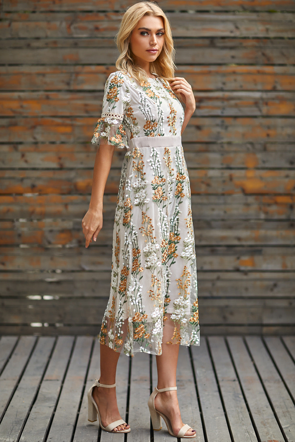 Embroidered Wisteria Flower Mesh High Waist Slim Mid-length Dress