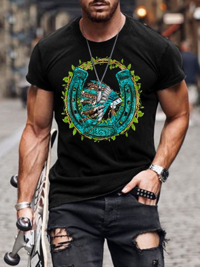 Men's Vintage Western Horseshoe Print T-Shirt