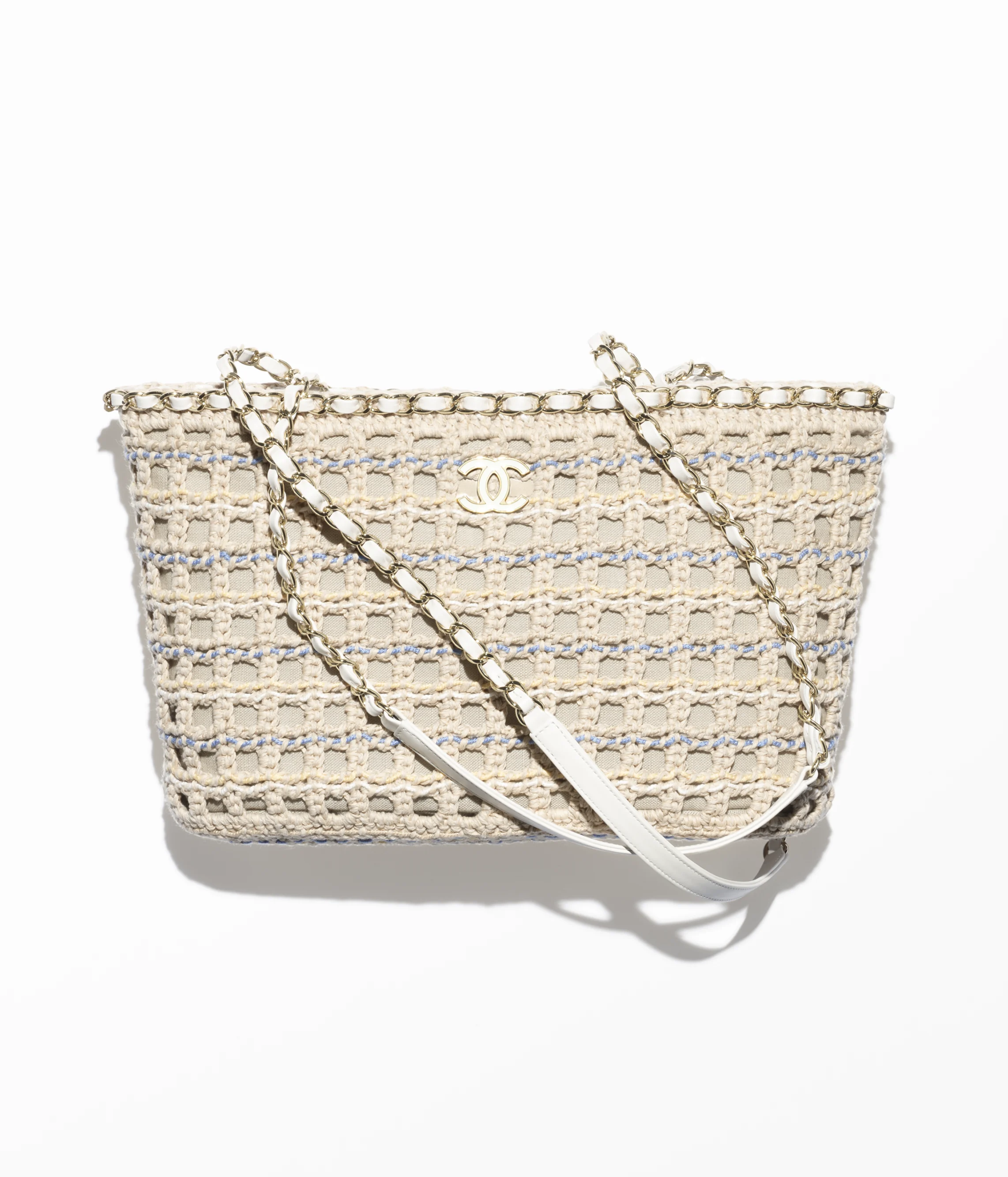Chanel Small Shopping Bag Cotton Crochet & Gold-Tone Metal Beige, White, Blue & Yellow AS5235-B18697-NACUD