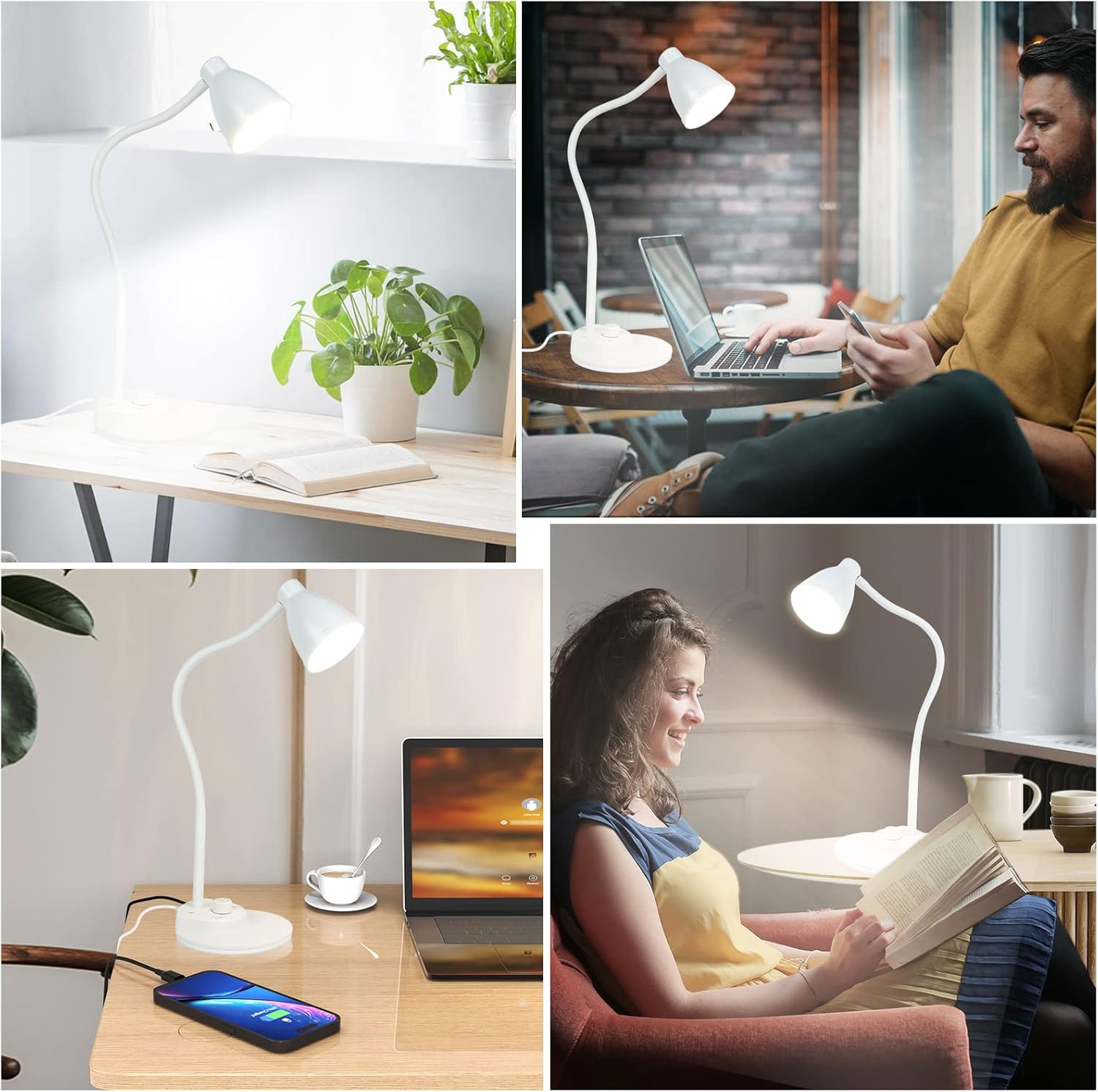 BOHON LED Desk Lamp with USB Charging Port 3 Color Modes Dimmable Reading Light Intelligent Induction Auto Dimming Task Lamp Flexible Gooseneck Table Lamp for Bedside Office, AC Adapter Include