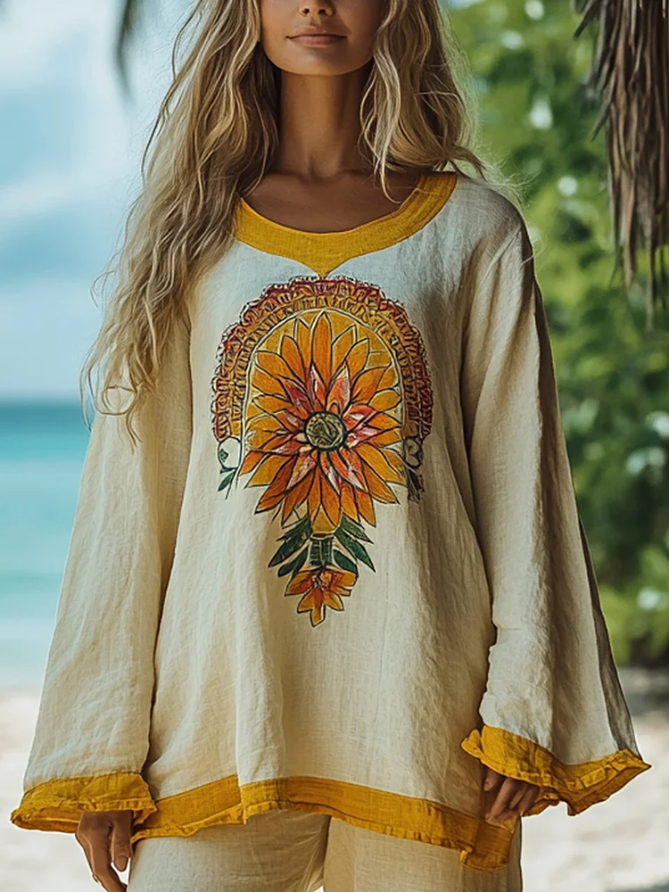 Vintage Bohemian Beach Vacation Floral Art Linen Long-sleeved Round Neck Tops