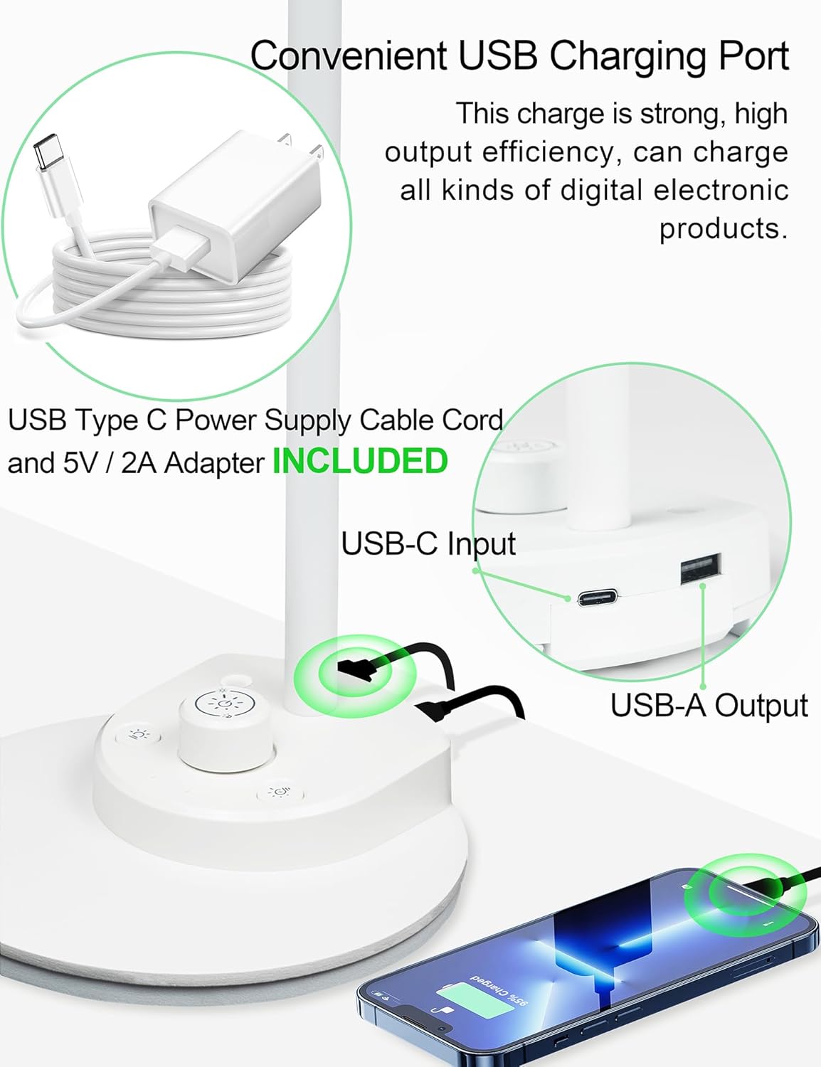 BOHON LED Desk Lamp with USB Charging Port 3 Color Modes Dimmable Reading Light Intelligent Induction Auto Dimming Task Lamp Flexible Gooseneck Table Lamp for Bedside Office, AC Adapter Include