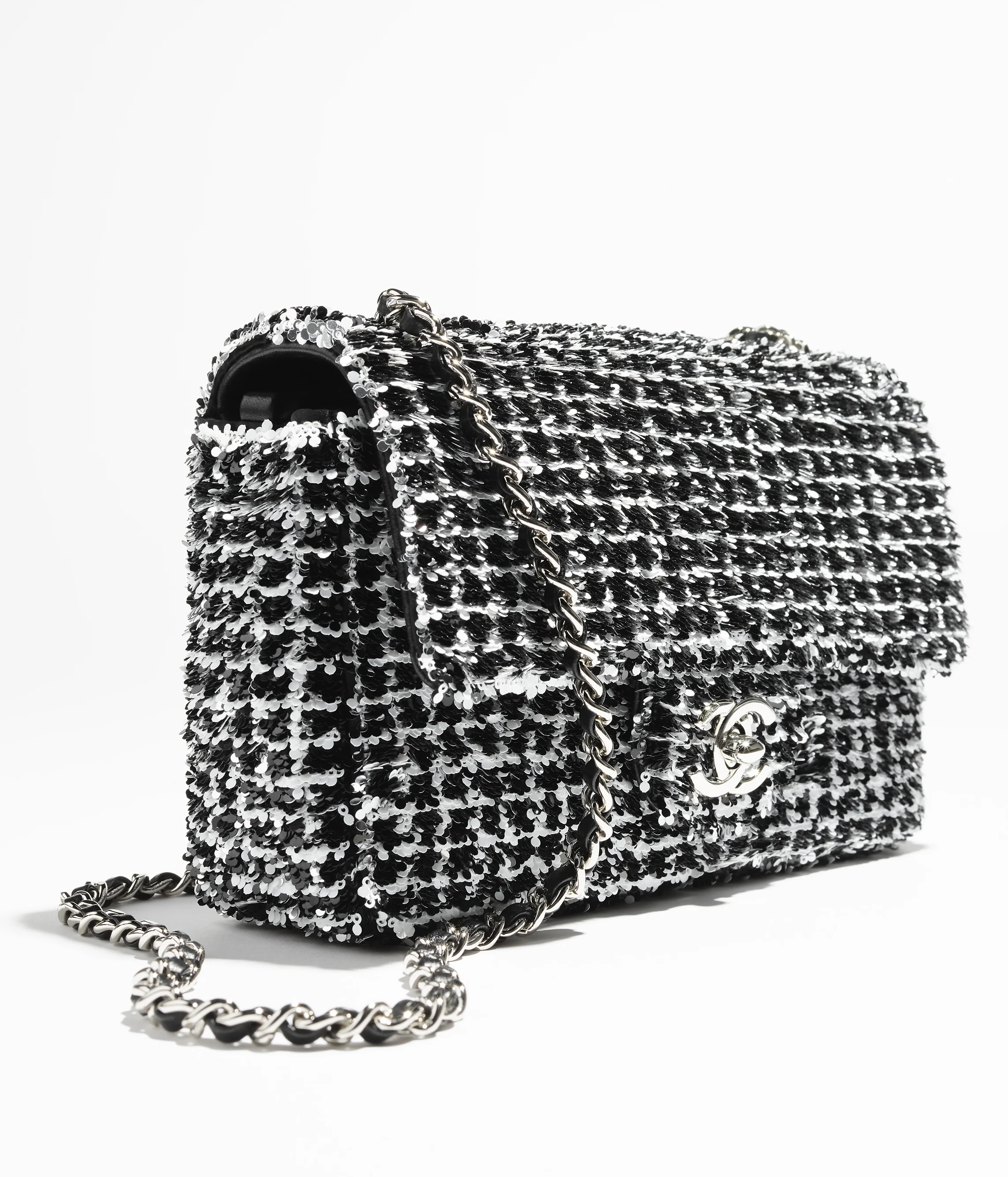 Chanel Small Flap Bag Sequins & Silver-Tone Metal Black, White & Silver AS4418-B19054-NACYG