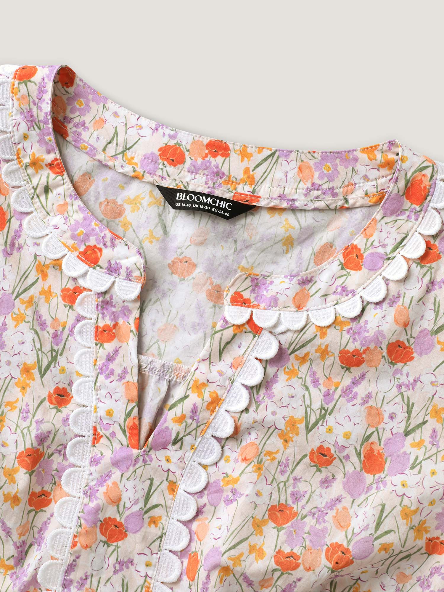 Cotton Floral Print Lace Trim Notched Blouse
