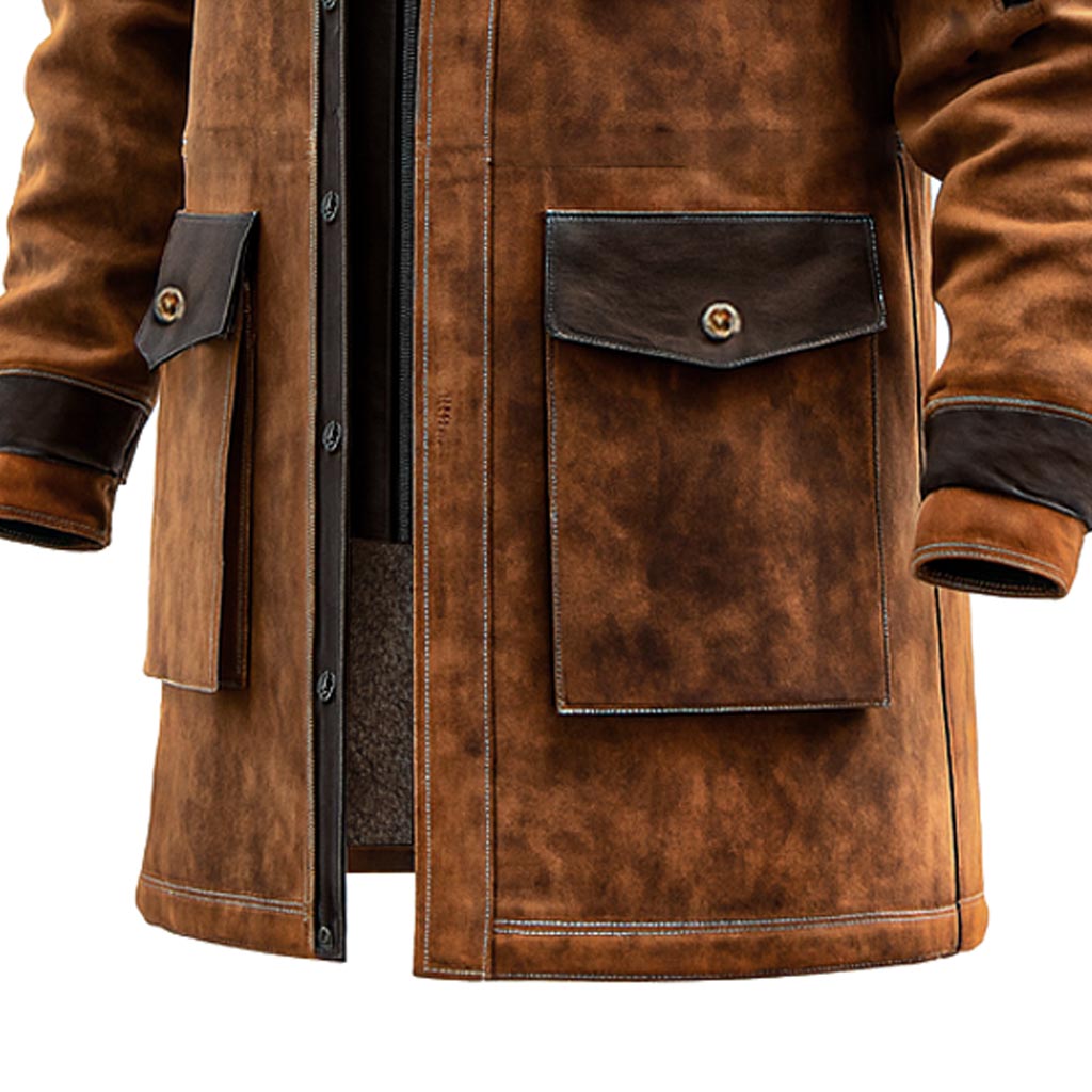 Brown Leather-Like Winter Coat with Fur Hood