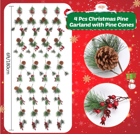 4 Christmas Wreaths 24 ft. Artificial Pine Wreath with Pinecones and Red Berries