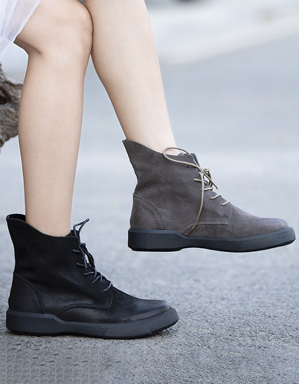 Autumn Winter Lace-up Leather Boots Women