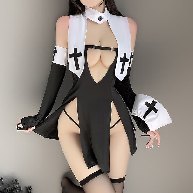 Cosplay Nun Cross Print Sexy Split Lingerie Dress