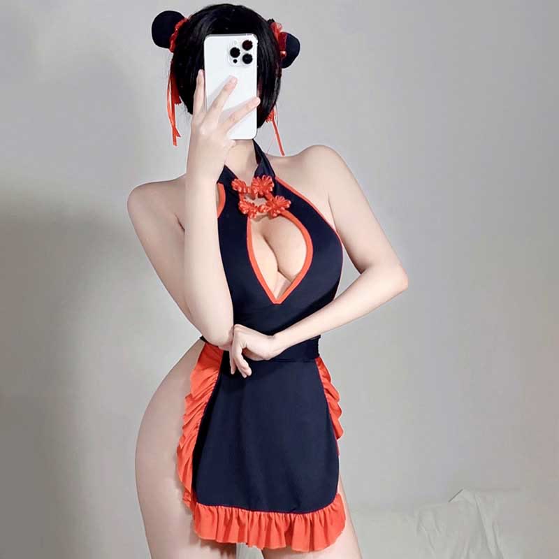 Vintage Hollow Maid Cheongsam Jumpsuit Lingerie