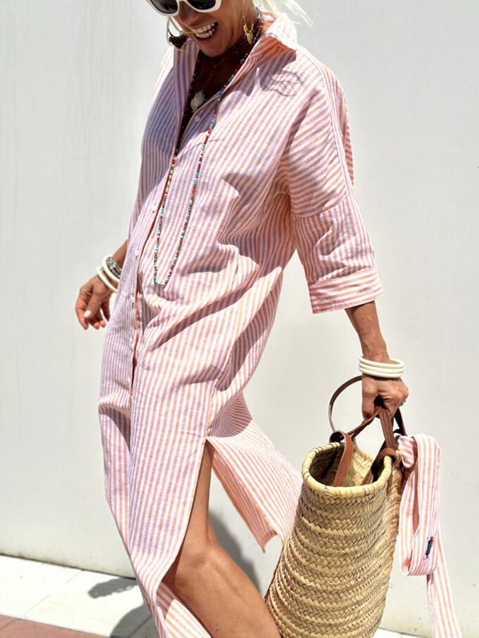 Women'S Striped Half Sleeve Shirt Slit Dress