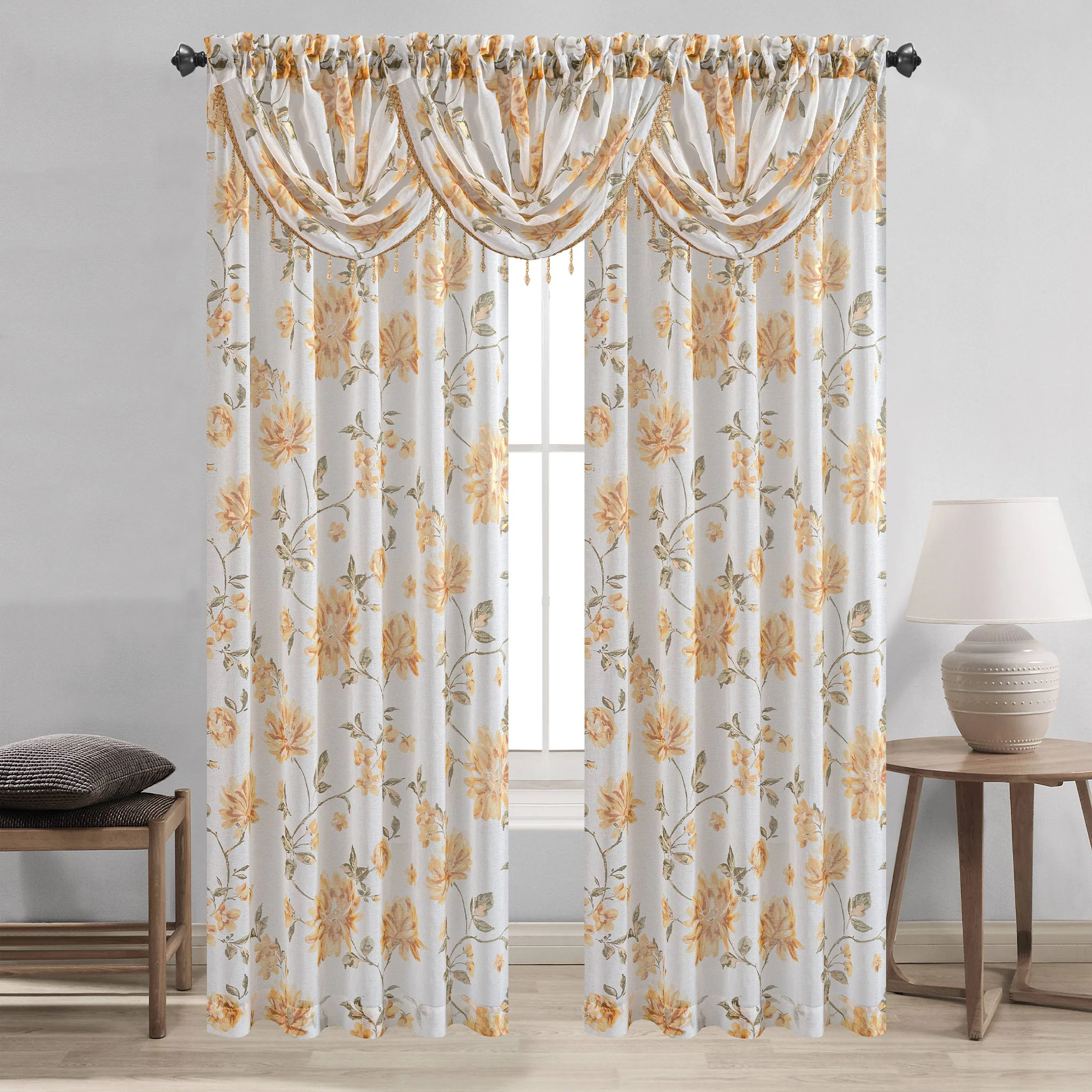Anna Sheer Metallic Floral Rod Pocket Window Panel & Waterfall Valance, All Sold Separately