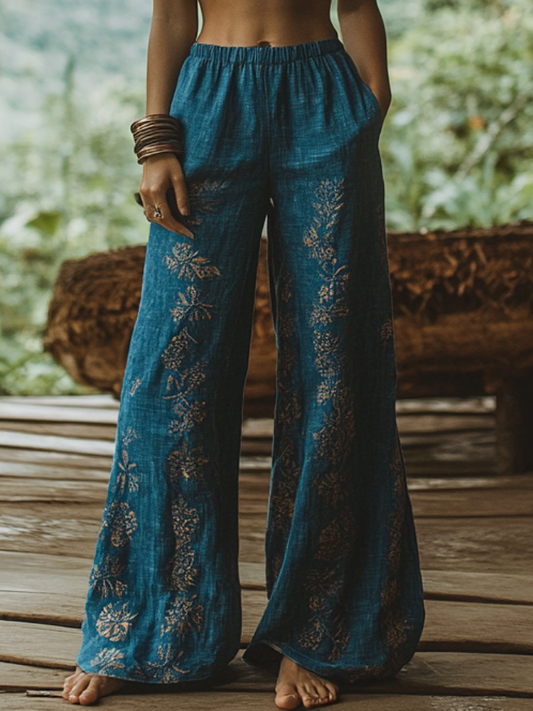 Bohemian Holiday Style Linen Bohemian Ethnic Totem Print Linen Long Loose Wide-leg Pants